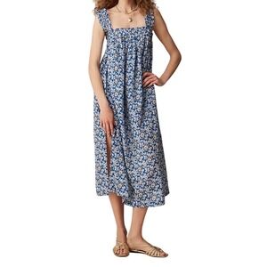 J Crew Cotton Voile Ruffle-trim Midi Shift Dress Blue Floral Resort Cottage XXS